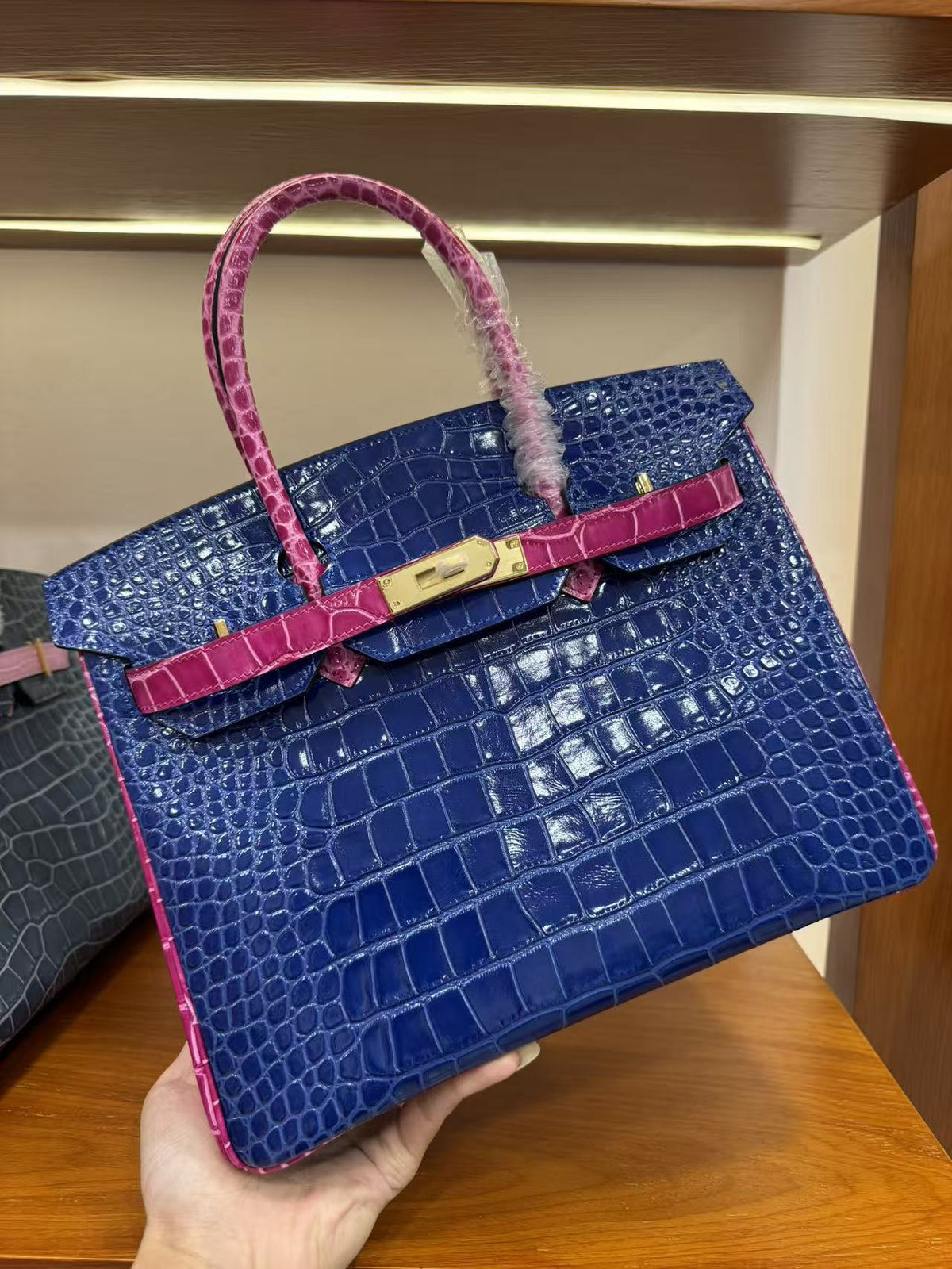 Genuine Top Layer Cowhide Crocodile-Embossed Birkin 30 Bag for Women, Hermès-Style Internal Stitching Color Block Top Handle Purse, Premium Leather Handbag for Ladies