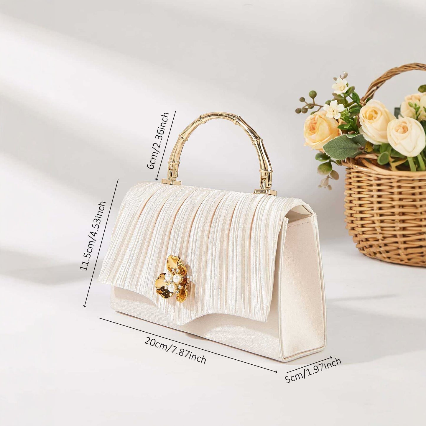 Pearl Floral Chain Evening Clutch for Women, New Pleated Chanel-Style Top Handle Crossbody Purse, Premium Formal Handbag for Ladies