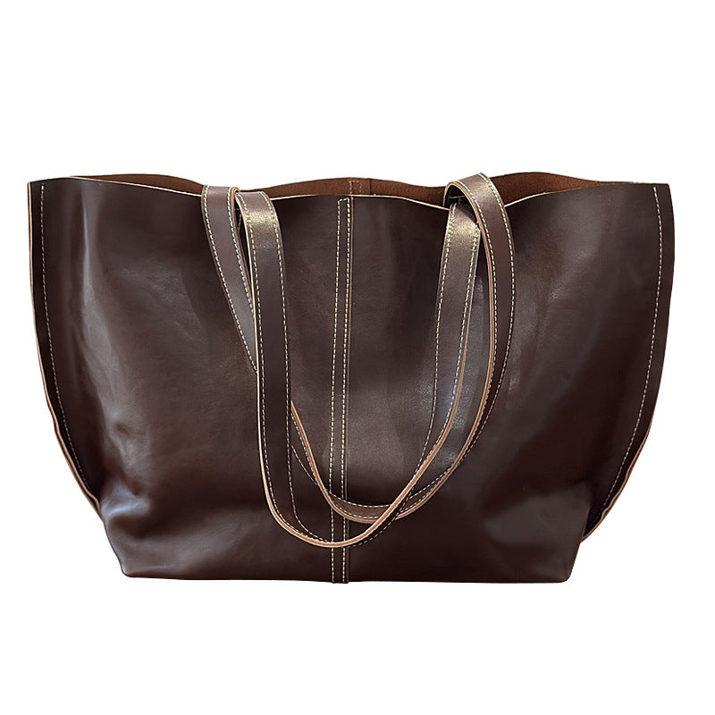 Genuine Top Layer Cowhide Tote Bag for Women, New Vintage Large Capacity Shoulder Top Handle Handbag, Minimalist Everyday Purse for Ladies