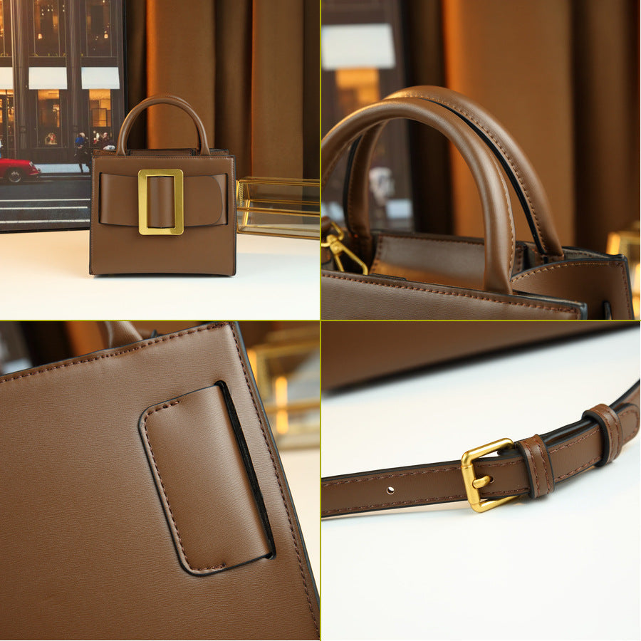 Square Buckle Mini Bag for Women Niche Designer Top Handle Purse, Premium Solid Color Shoulder Crossbody Handbag with Elegant Hardware Accent
