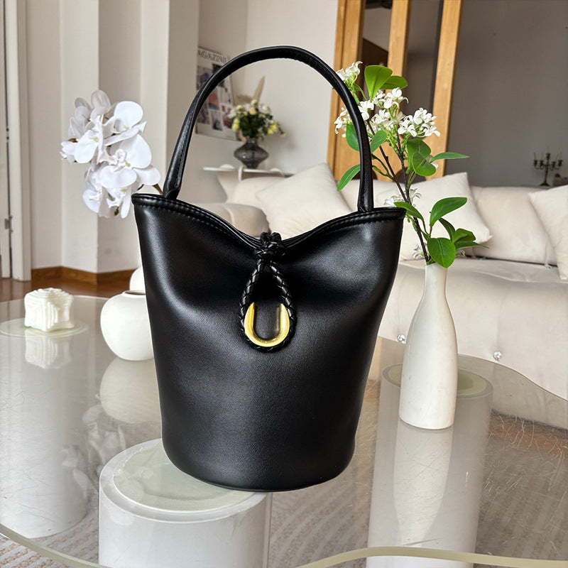 Genuine Cowhide Handwoven Bucket Bag with U-Buckle, New Vintage Shoulder Crossbody Top Handle Purse, Premium Handwoven Handbag for Ladies