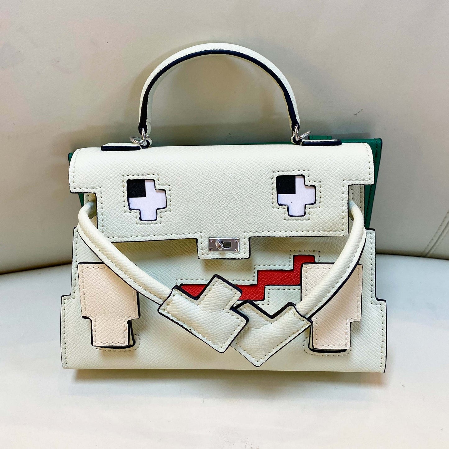 Genuine Leather Mosaic Doll Kelly-Style Bag for Women, Summer Bestseller Niche Designer Top Handle Shoulder Crossbody Purse, Cartoon Print Handbag for Ladies