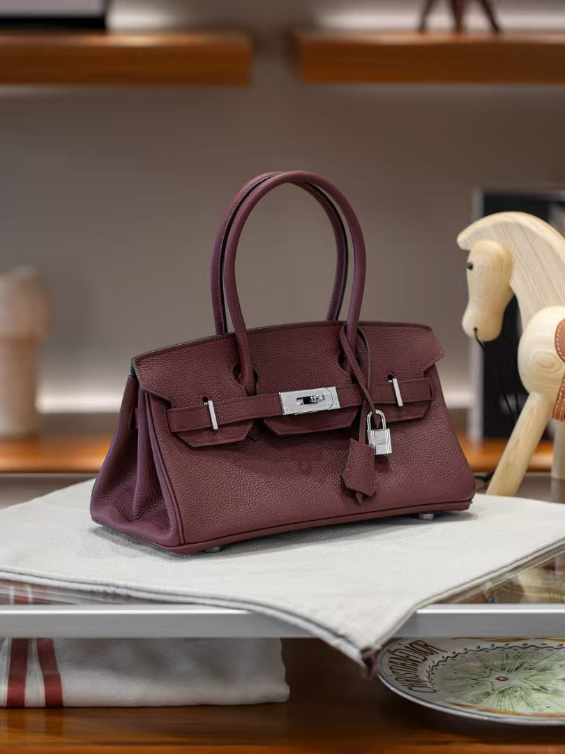 Genuine Togo Leather Birkin-Style Bag for Women, New Vintage Horizontal Top Handle Handbag, Premium Retro Purse for Ladies