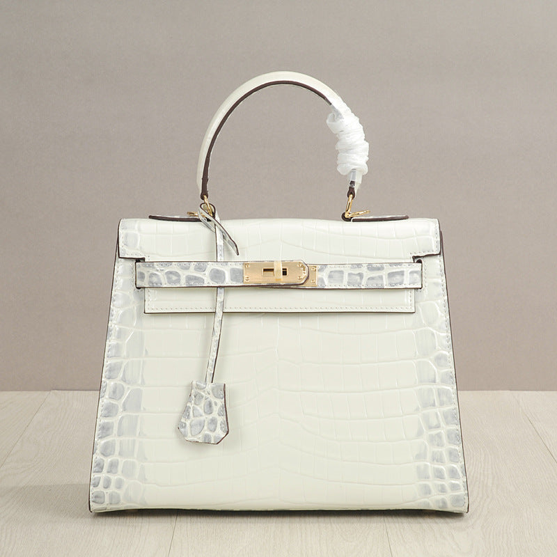 Genuine Leather Crocodile-Embossed Kelly-Style Handbag for Women, New Spring Summer Top Handle Crossbody Purse, Premium Elegant Shoulder Bag for Ladies