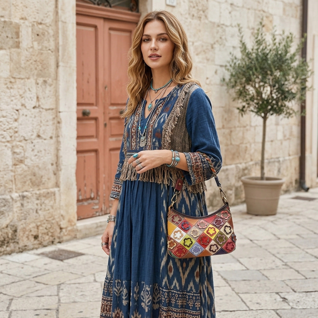 Premium Genuine Leather Color-Block Floral Bag for Women | Ethnic Style Small Top-Handle Cross-Body Shoulder Handbag with Unique Artistic Design | Versatile 2-in-1 Carry Purse for Everyday Chic, Travel & Casual Outings | Trendy Statement Accessory wi