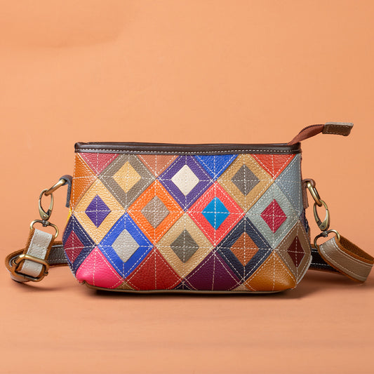 Vintage Niche Handmade Bohemian Color Block Underarm Bag, Small Crossbody Shoulder Purse in Top Layer Cowhide for Women