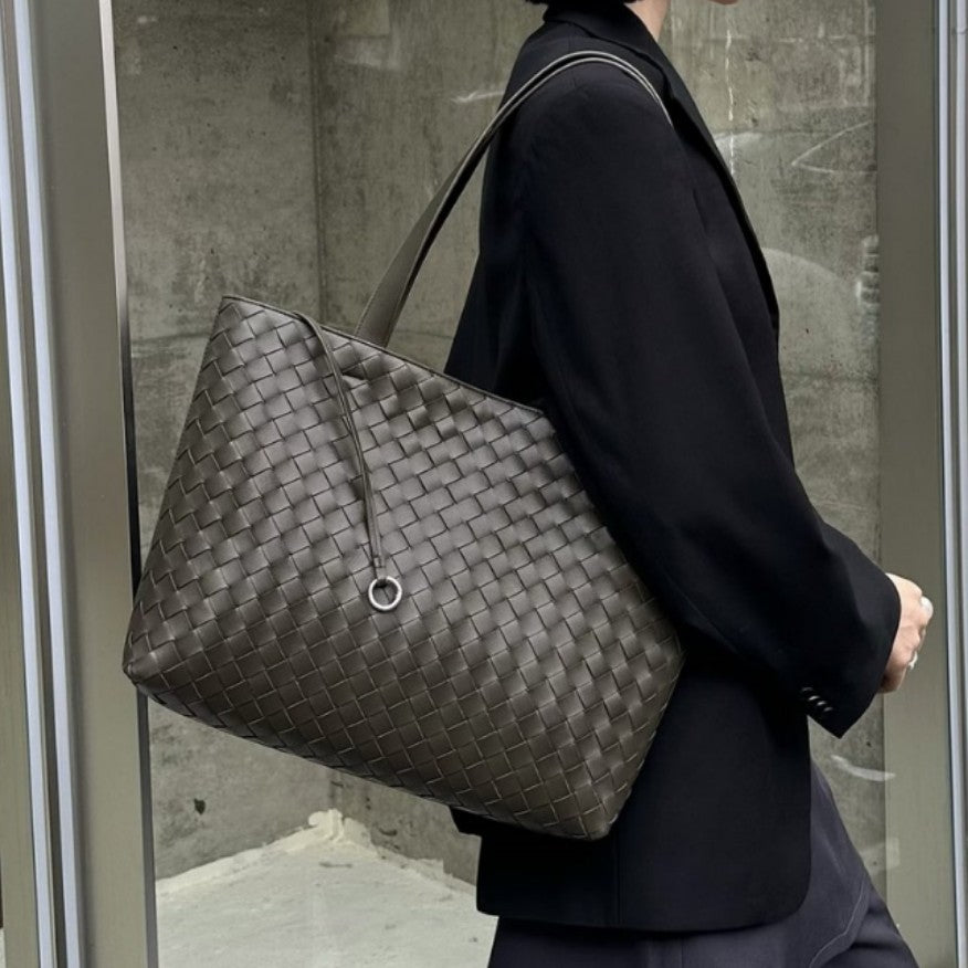 New Genuine Leather Woven Tote, Large Commuter Shopping Bag, Shoulder & Underarm Handbag for Women
