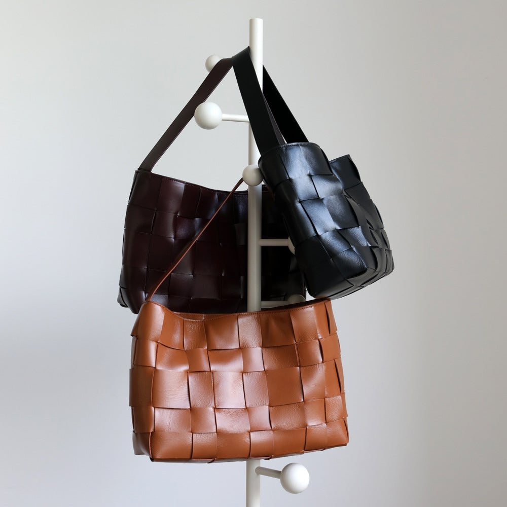Top Layer Cowhide Woven Tote Bag for Women Large Capacity Laptop Commuter Shoulder Handbag, Niche Designer Purse with Artisan Craftsmanship