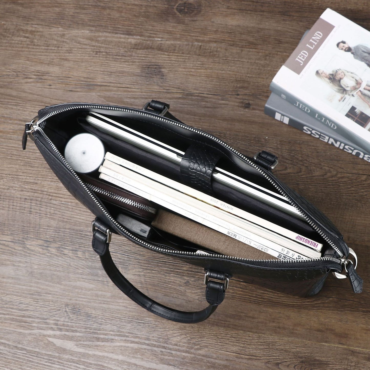 New Arrival Matte Black Croc-Effect Business Briefcase for Men, A Shoulder Crossbody Travel Bag with Laptop Compartment & Trendy Design