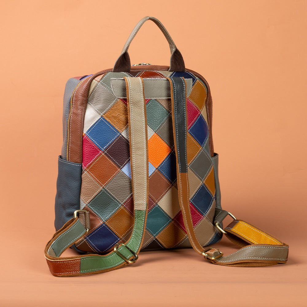 Genuine Leather Colorful Bohemian Geometric Color Block Backpack for Women, New Arrival Casual Trendy Daypack, Boho Travel Shoulder Bag for Ladies