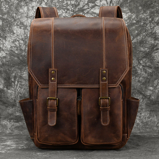 Vintage Crazy Horse Leather Flap Backpack, Large Capacity Outdoor Casual Travel Daypack, Genuine Leather Bag for Men
