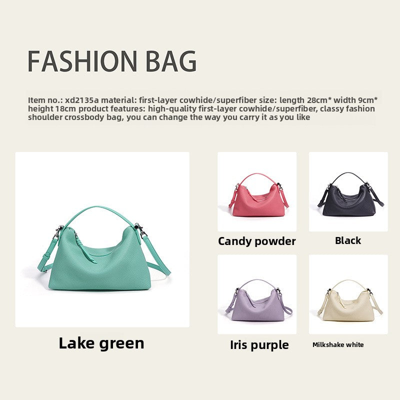 Ins Style Candy Color Genuine Leather Bag, Zipper Commute Shoulder Crossbody Purse, Versatile Premium Handbag for Women