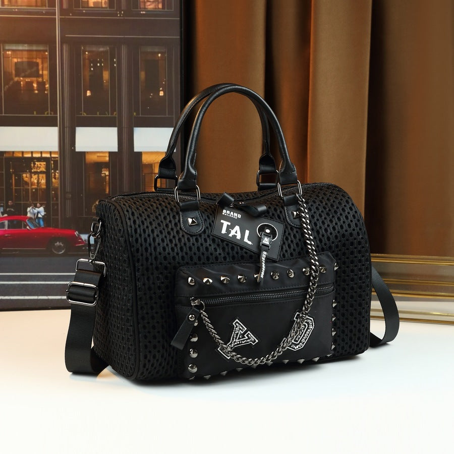 Mesh Studded Letter Print Pillow Bag for Women Chain Shoulder Crossbody Handbag, Edgy Cool Purse with Embellished Hardware