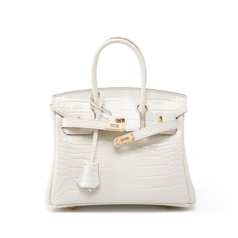 Genuine White Top Layer Cowhide Crocodile-Embossed Birkin-Style Bag for Women, Large Capacity Commute Top Handle Shoulder Purse, Premium Handbag for Ladies