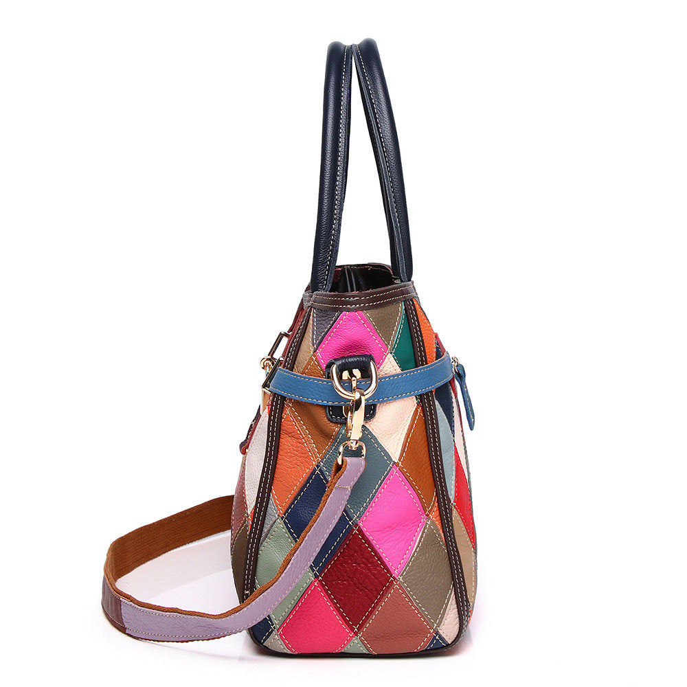 Genuine Top Layer Cowhide Color Block Handbag for Women, Vintage Platinum-Style Crossbody Top Handle Purse, New Arrival Designer Shoulder Bag