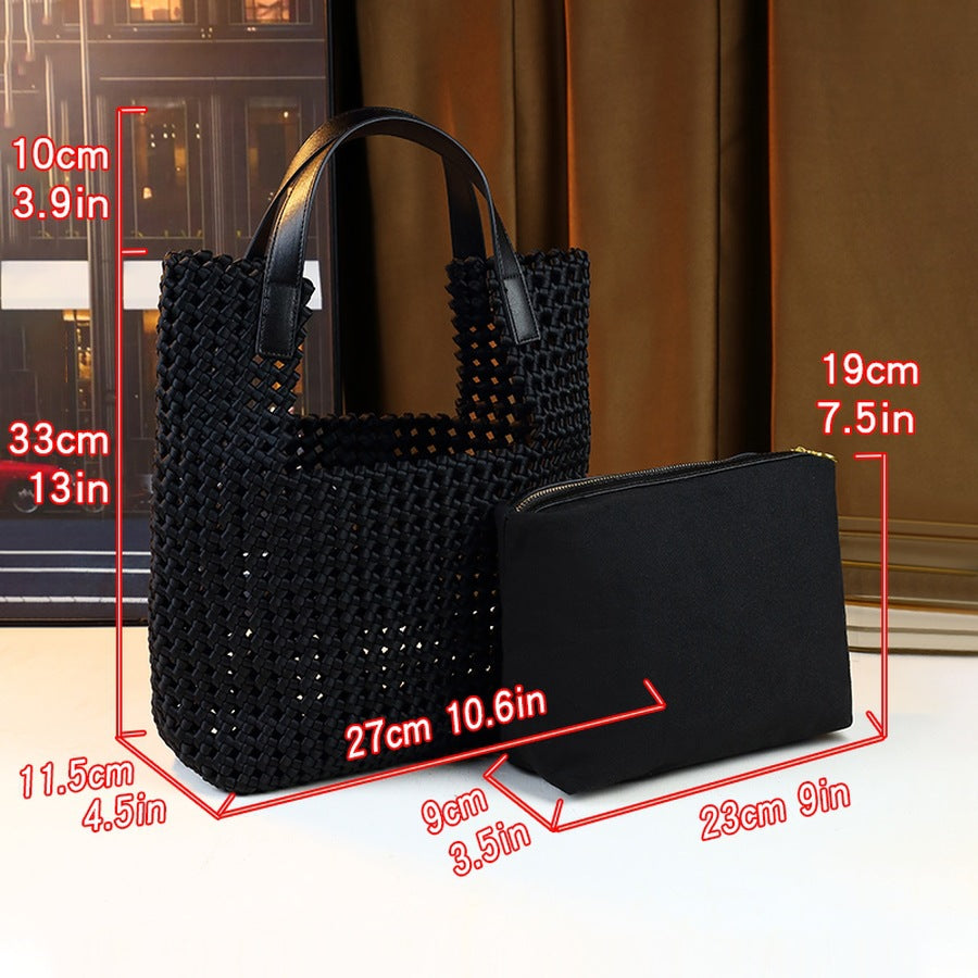 Classic Woven Basket Tote Bag for Women with Inner Pouch, Large Capacity Casual Travel Shoulder Handbag with Versatile Design