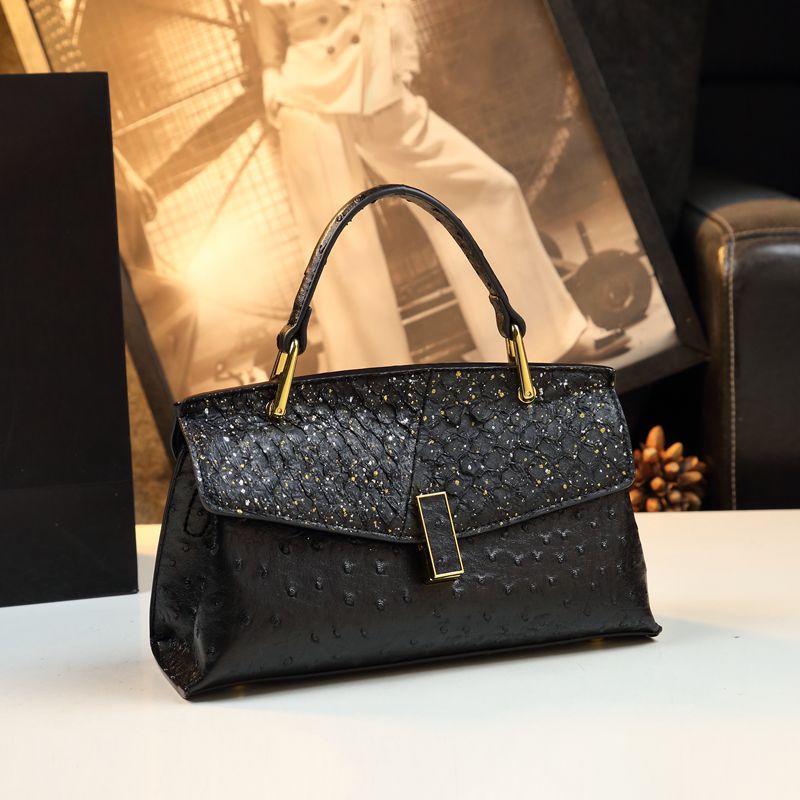 Genuine Fish Skin Kelly-Style Bag for Women, New Premium Textured Top Handle Shoulder Crossbody Purse, Trendy Ostrich-Embossed Small Handbag for Ladies