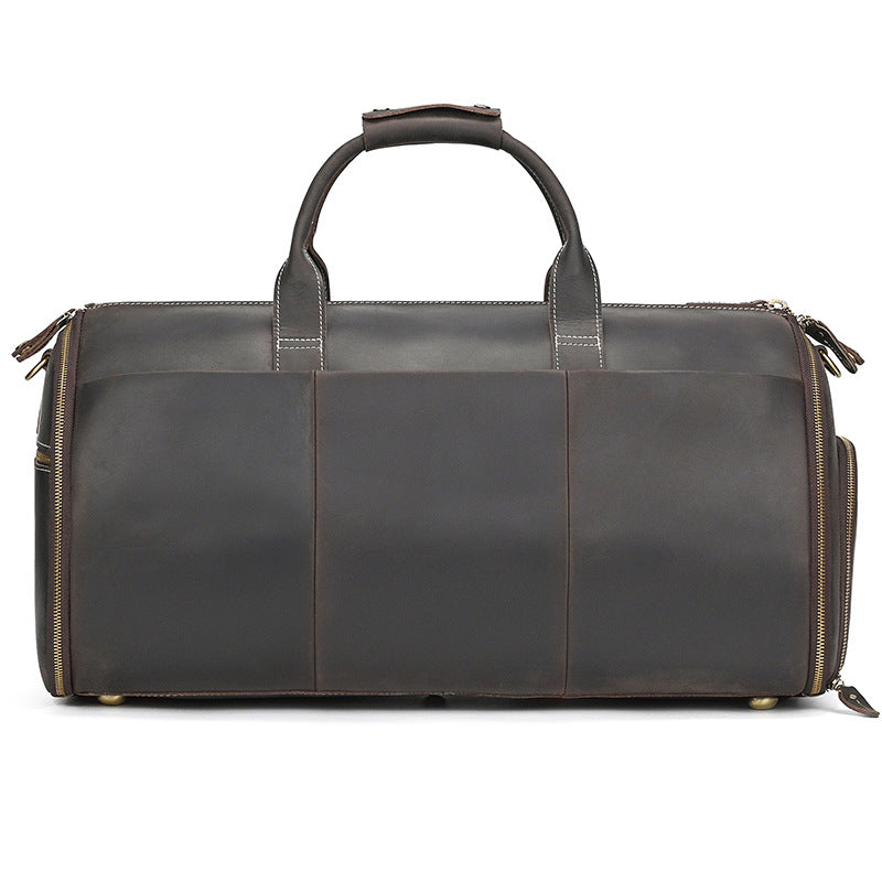 New Crazy Horse Leather Foldable Suit Travel Duffle, Wet-Dry Separated Garment Bag, Versatile Gym Weekender for Men