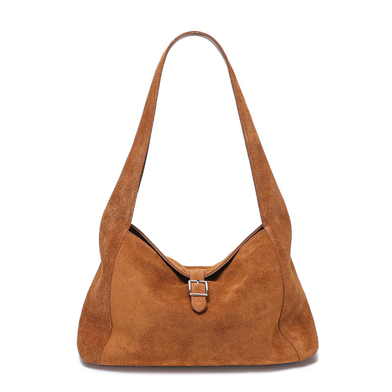 Genuine Suede Leather Underarm Tote Bag for Women Vintage Shoulder Handbag, Premium Textured Purse with Timeless Elegance