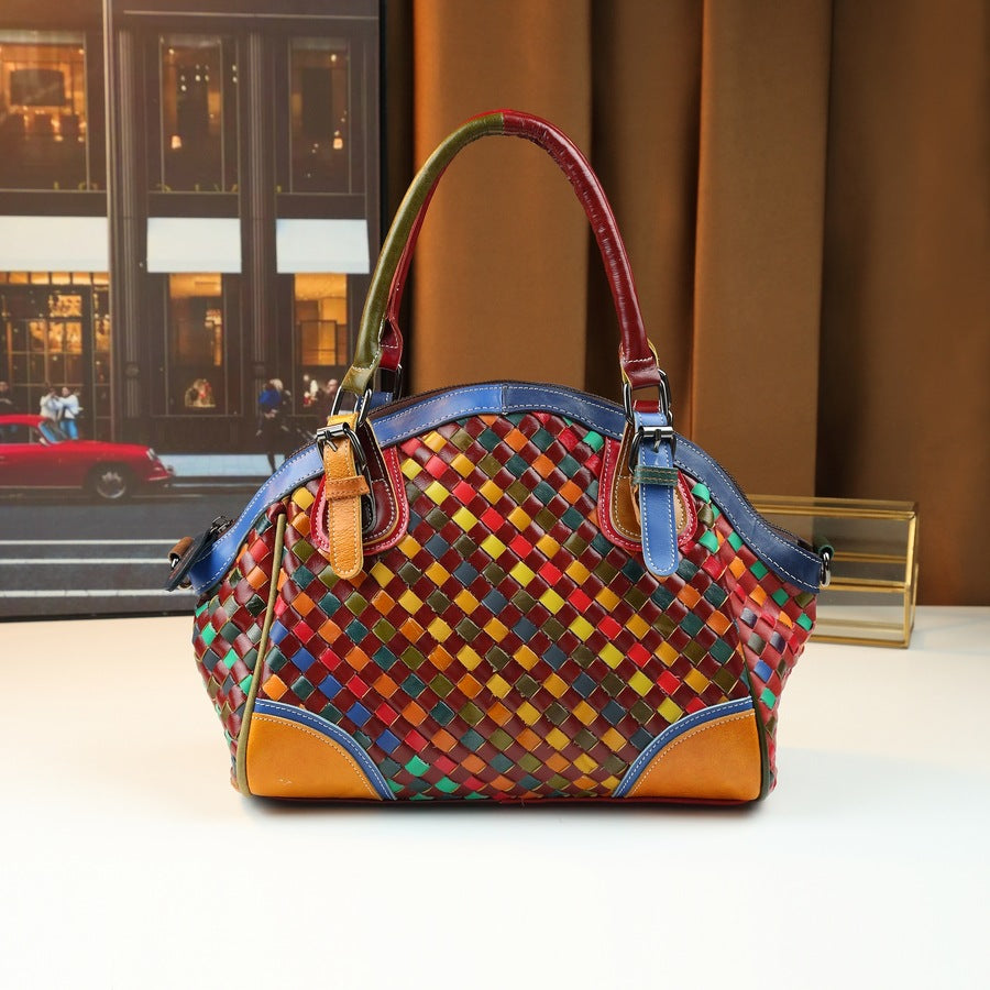 Woven Leather Shell Bag for Women Genuine Leather Large Capacity Top Handle Shoulder Crossbody Handbag, Versatile Everyday Purse with Artisan Weave Detail
