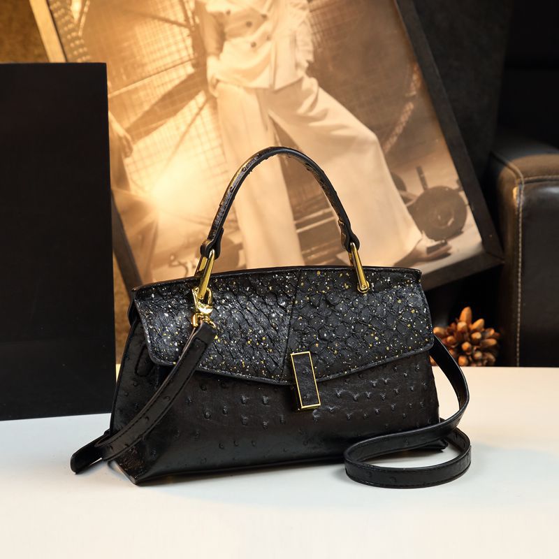 Genuine Fish Skin Kelly-Style Bag for Women, New Premium Textured Top Handle Shoulder Crossbody Purse, Trendy Ostrich-Embossed Small Handbag for Ladies