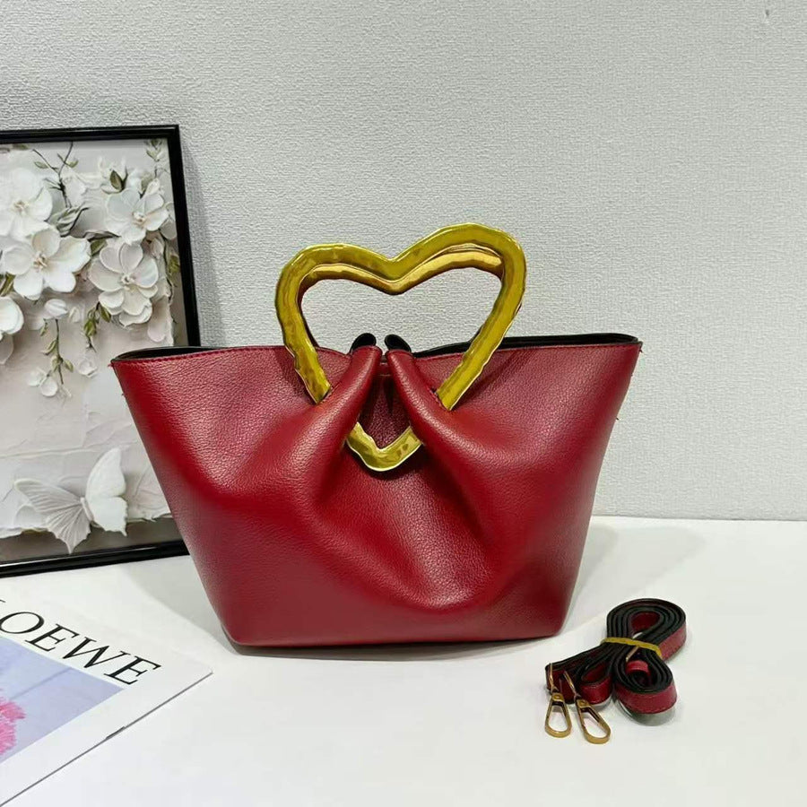 Heart Metal Handle Bucket Bag for Women Soft Leather Pleated Shoulder Crossbody Handbag, Trendy Designer Purse with Romantic Hardware Accent