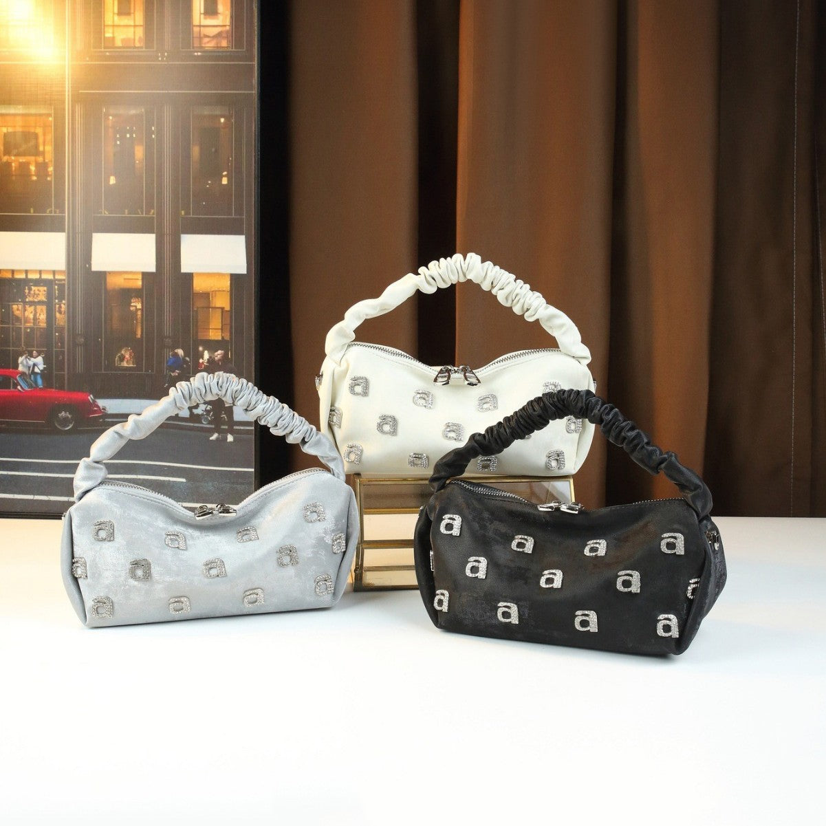 New Arrival Rhinestone Letter Pleated Bag for Women, A Casual Versatile Shoulder Underarm Handbag with Trendy Design, Perfect for Evening & Daily Use