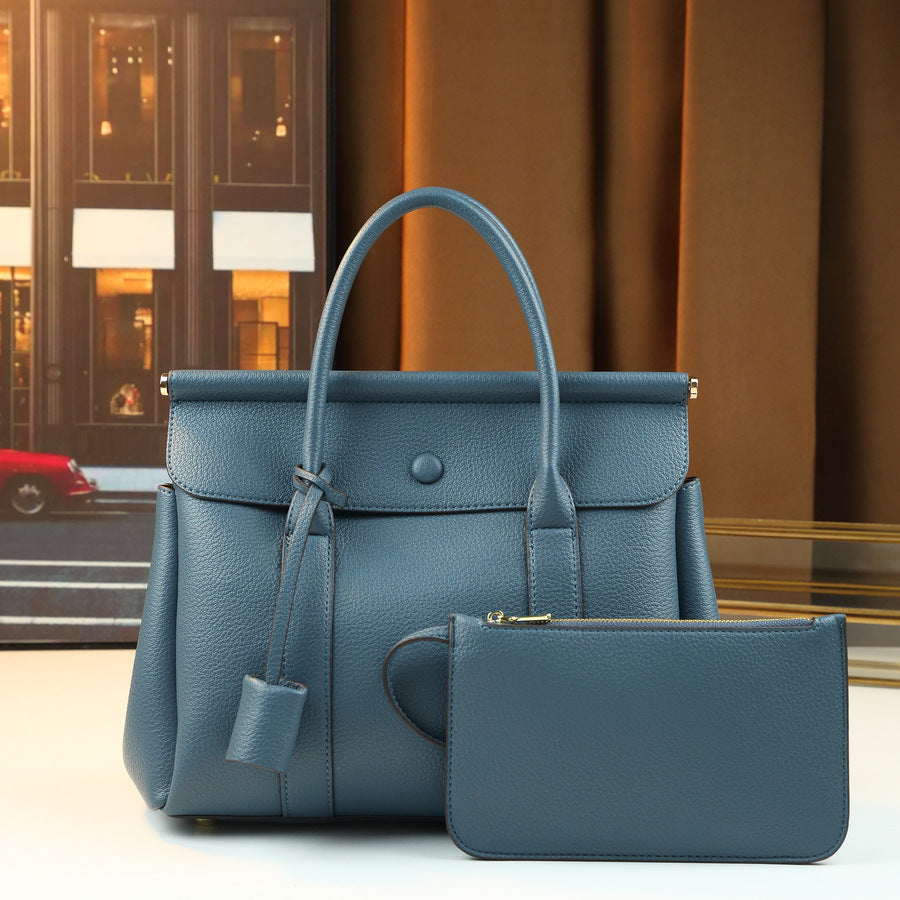 New Summer Haze Blue Pebbled Leather Tote Bag for Women, A Large Capacity 2-in-1 Commuter Shoulder Crossbody Handbag with Matching Pouch