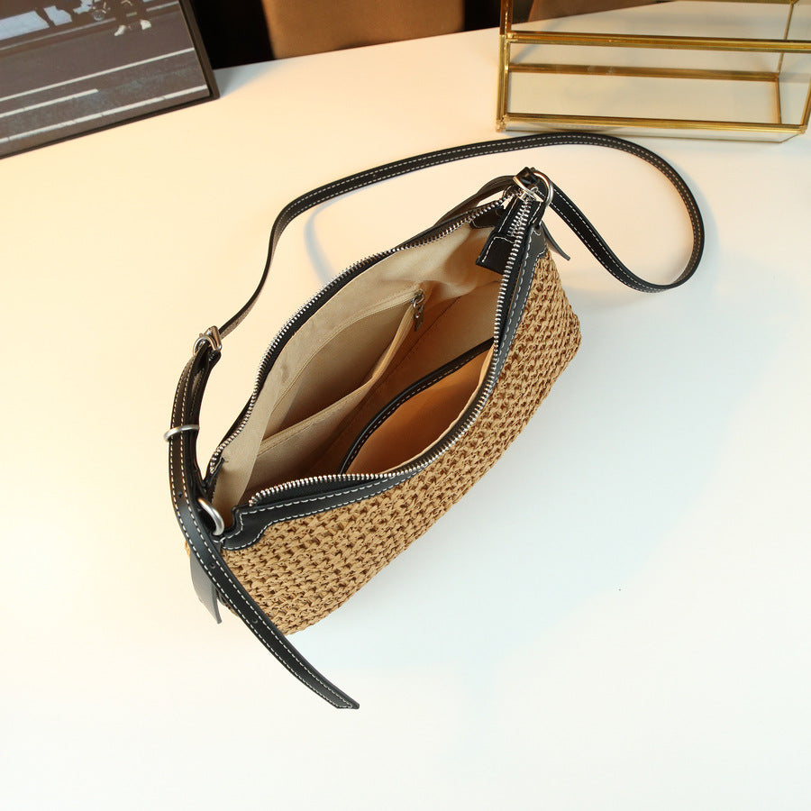 French Woven Straw Bag for Women Summer Beach Vacation Shoulder Crossbody Handbag, Natural Texture Purse with Bohemian Charm