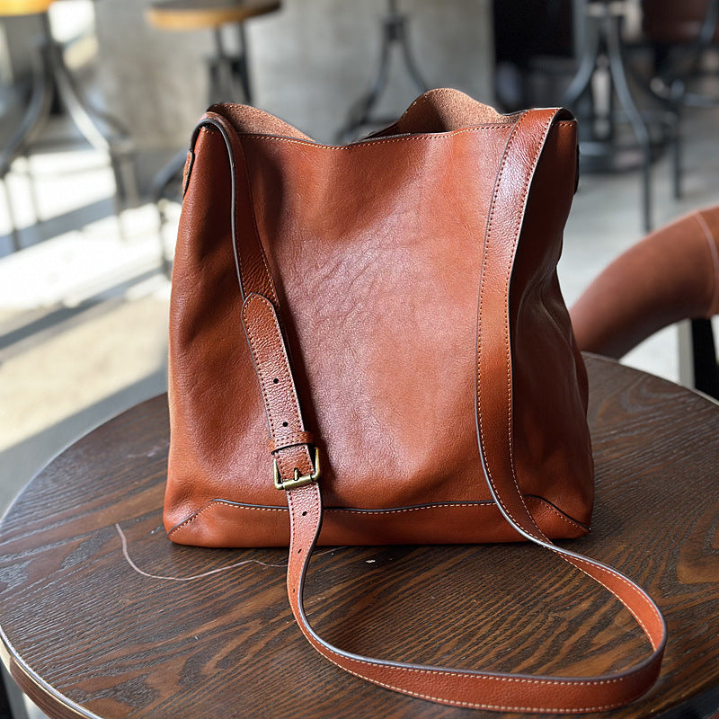 Vegetable-Tanned Cowhide Bucket Tote Bag for Women, Vintage Large Capacity Leather Shopping Shoulder Crossbody Purse, Casual Everyday Handbag for Ladies