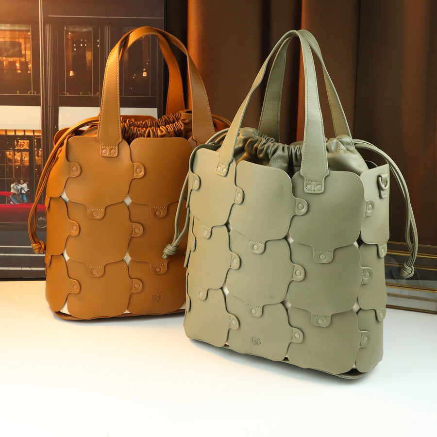 Geometric Patchwork Bucket Bag for Women Large Capacity Shoulder Crossbody Handbag, Creative Versatile Purse with Unique Design