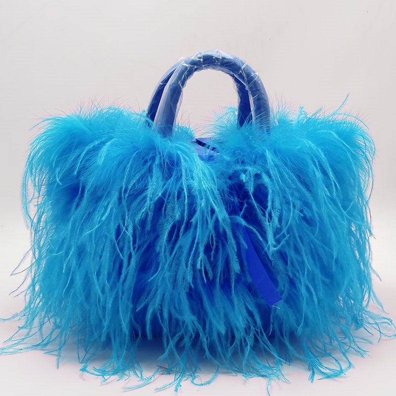 Genuine Ostrich Feather Tassel Handbag for Women, Light Luxury Trendy Top Handle Shoulder Purse, Runway Evening Clutch for Ladies