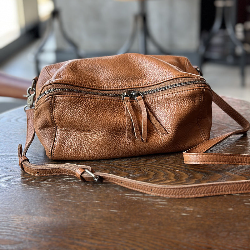 Genuine Soft Leather Vintage Crossbody Bag for Women, Spring Summer Lightweight Minimalist Shoulder Purse, Versatile Everyday Toast Style Handbag for Ladies