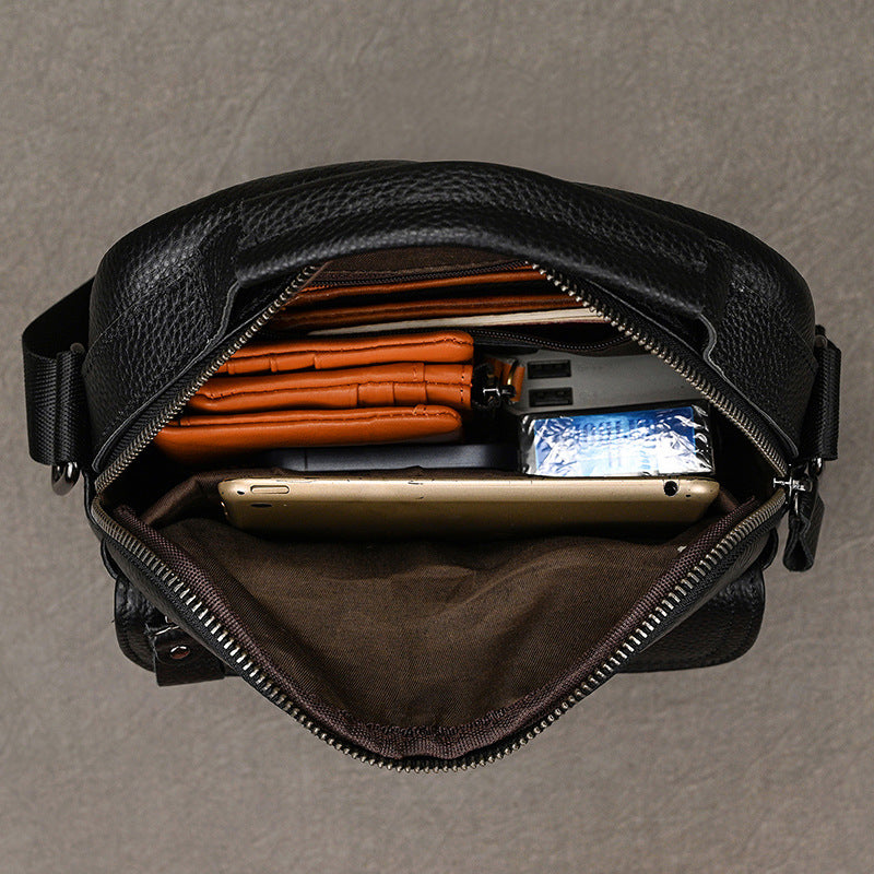 Genuine Black Cowhide Shoulder Crossbody Bag for Men, Fashionable Top Handle Pouch, iPad Tablet Casual Bag for Summer Fall for Gentlemen