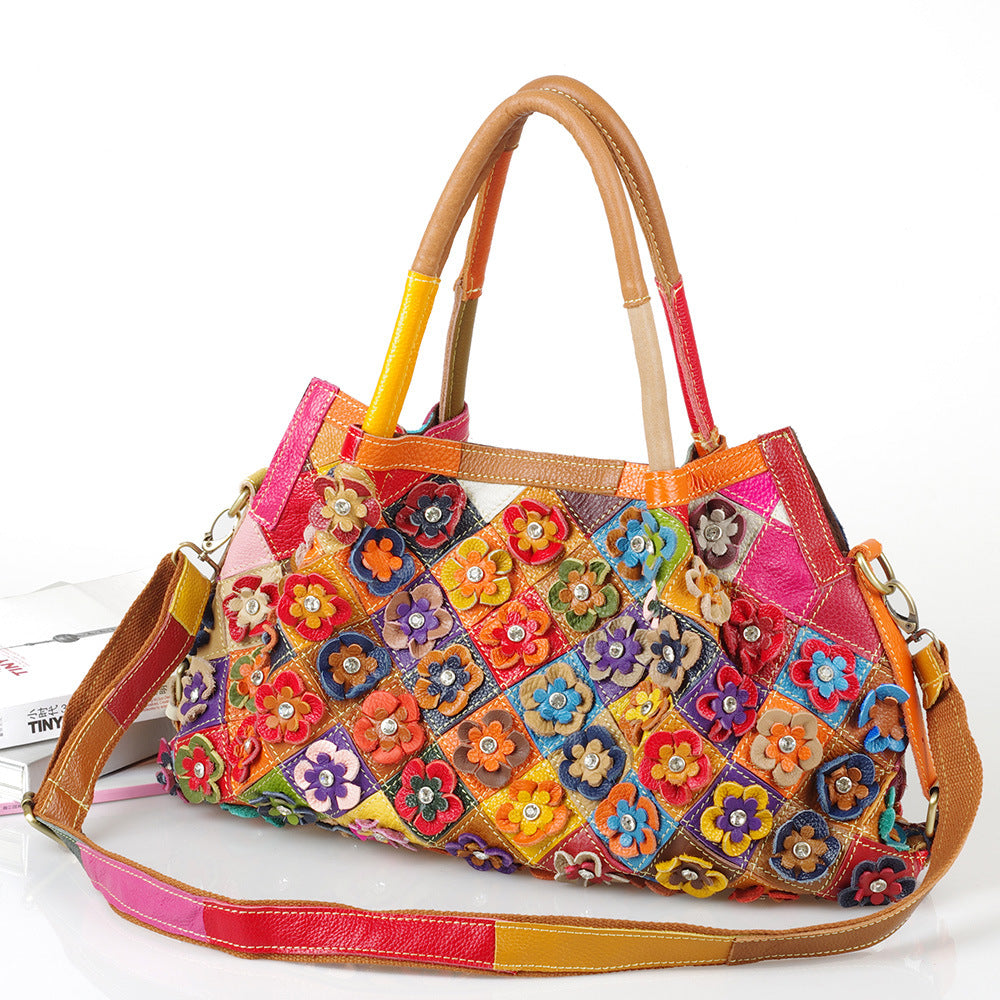 Genuine Leather Multicolor Handbag for Women, Unique Designer Crossbody Shoulder Top Handle Purse, Fashionable Cowhide Bag for Ladies