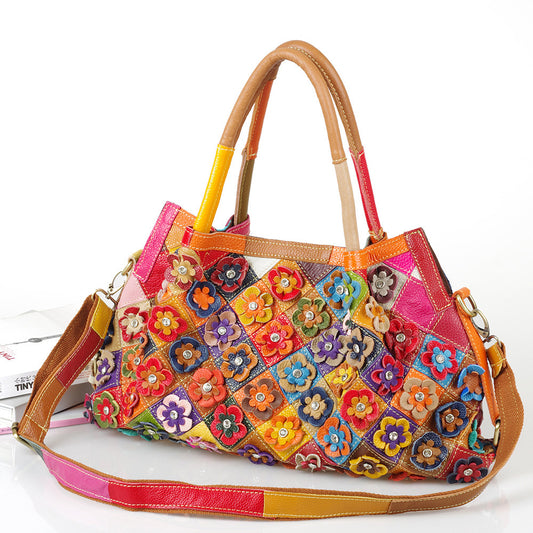 Genuine Leather Multicolor Handbag for Women, Unique Designer Crossbody Shoulder Top Handle Purse, Fashionable Cowhide Bag for Ladies