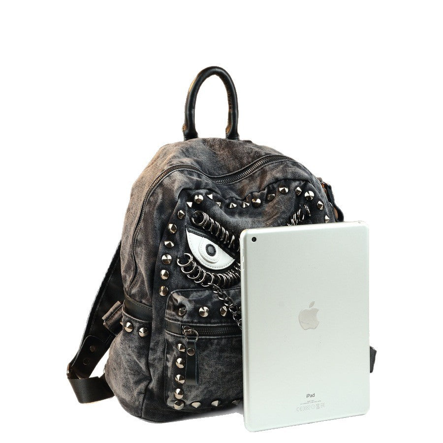 Denim Eye Rivet Backpack for Women Large Capacity Casual Shoulder Handbag, Trendy Chain Accent Purse with Edgy Personality Style