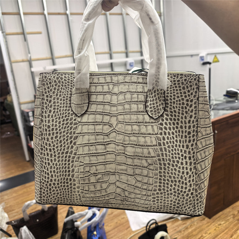 Genuine Leather Crocodile Embossed Garden Tote Bag for Women Large Capacity Shoulder Crossbody Handbag, Trendy Business Purse with Premium Texture