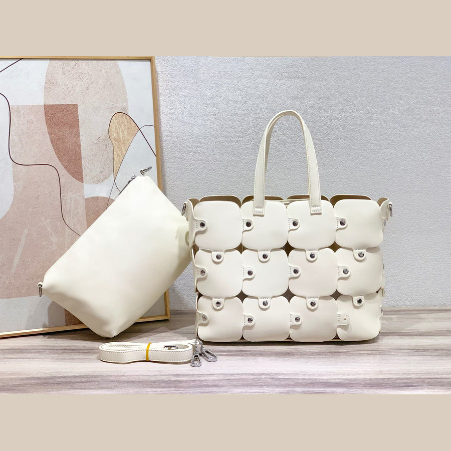 Geometric Patchwork Bucket Bag Set for Women Large Capacity Shoulder Crossbody Handbag, Creative Versatile Purse with Detachable Sub-Bag