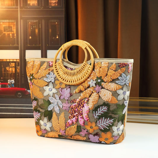 Sparkling Colorful Sequins Embroidery Bamboo Tote Bag – Large Capacity Vintage Handbag for Women, Heavy Craftsmanship Shoulder Purse for Evening Gala, Dinner Parties & Special Occasions