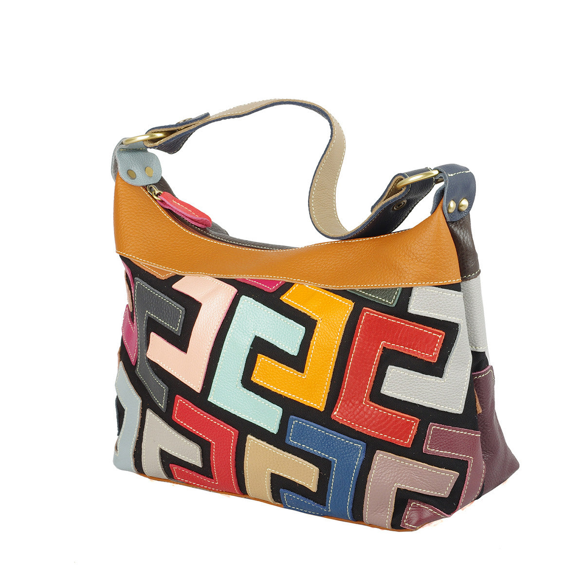 Premium Cowhide Leather Crescent Cross-Body Bag for Women | New Geometric Color-Block Pattern with Random Vibrant Contrast Design | Ethnic Bohemian Style Shoulder Purse for Everyday Chic & Travel | Unique Artistic Handbag with Trendy Statement Appeal