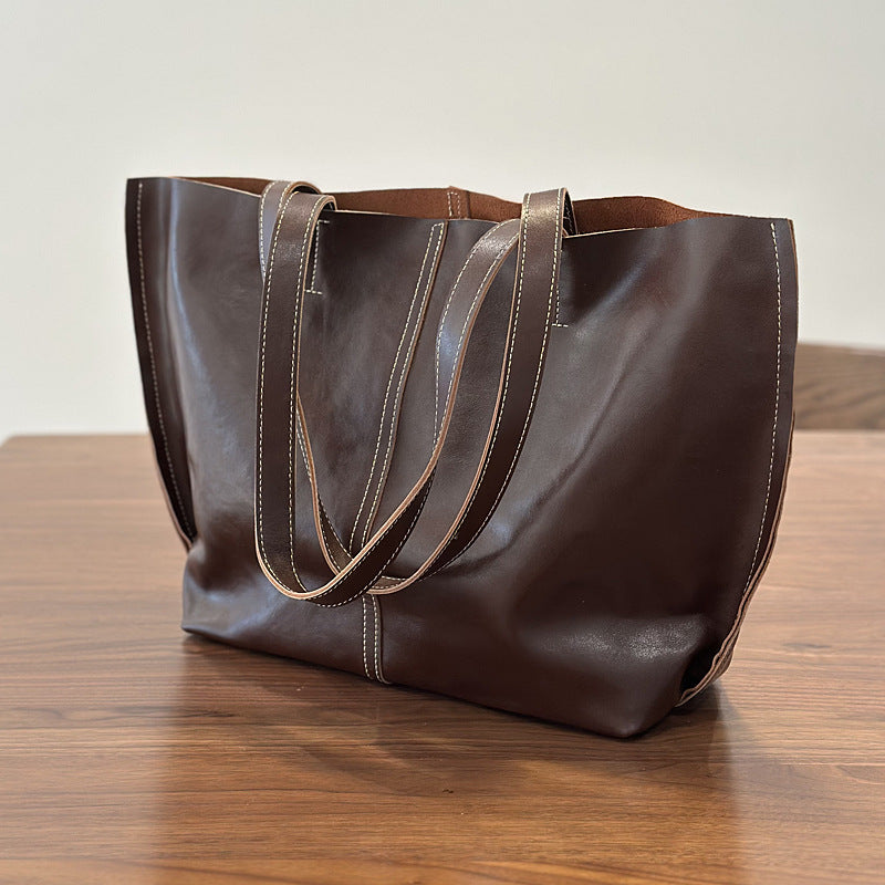 Genuine Top Layer Cowhide Tote Bag for Women, New Vintage Large Capacity Shoulder Top Handle Handbag, Minimalist Everyday Purse for Ladies