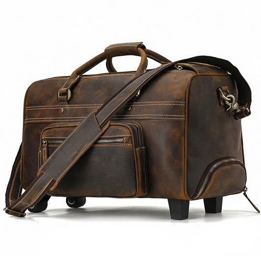Genuine Crazy Horse Cowhide Rolling Luggage for Men and Women, New Vintage Large Capacity Travel Suitcase, Business Trip Top Handle Duffle Bag for Gentlemen and Ladies