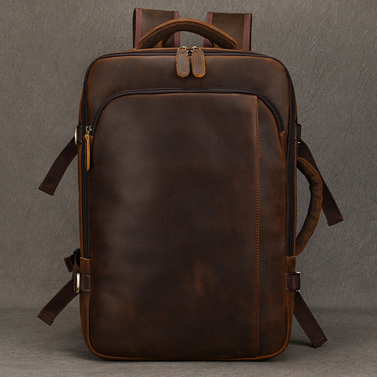 3-Compartment Expandable Crazy Horse Leather Backpack, Vintage Multifunctional Travel Rucksack, 16-Inch Laptop Briefcase Bag for Men