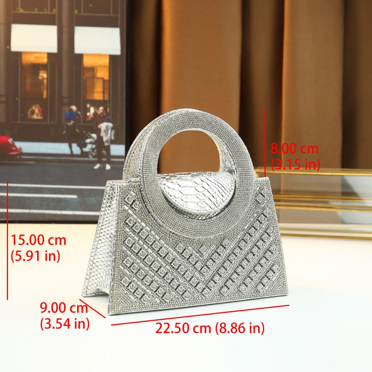 V-Shape Rhinestone Mini Square Bag for Women Evening Party Shoulder Crossbody Handbag, Sparkly Purse with Statement Large Ring Handle