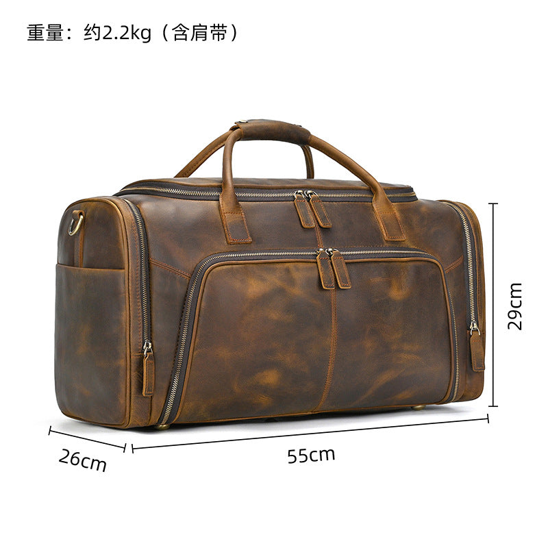 Large Capacity Crazy Horse Leather Travel Duffle, Top Handle Crossbody Business Bag, Premium Cowhide Luggage for Men
