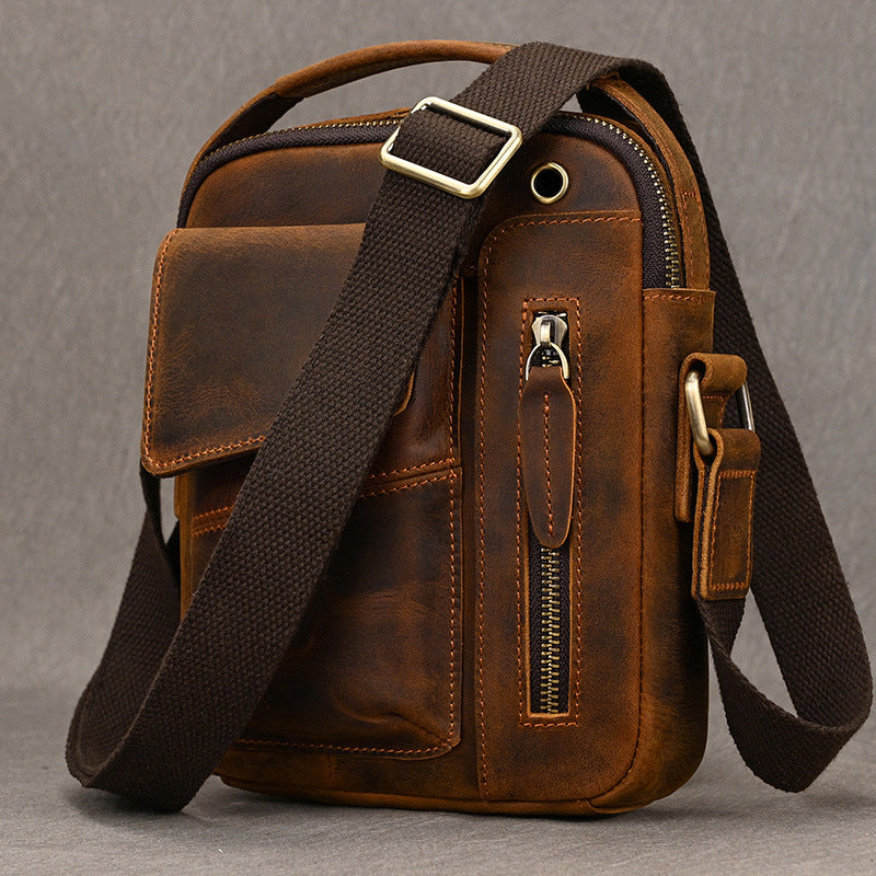 Crazy Horse Leather Small Phone Crossbody Bag, Earphone Hole Shoulder Pouch, Compact Square Travel Bag for Men