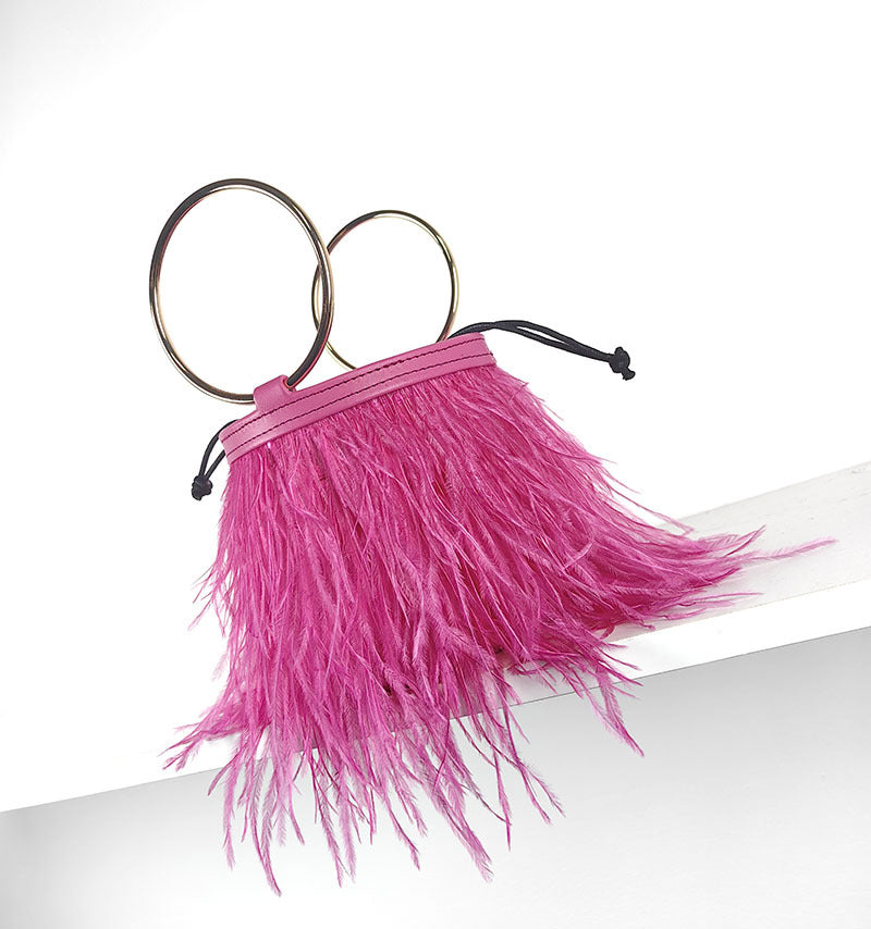 Genuine Leather Ring Chain Ostrich Feather Tassel Bag for Women, Shiling Fashion Brand Shoulder Crossbody Top Handle Purse, Runway Style Versatile Handbag for Ladies