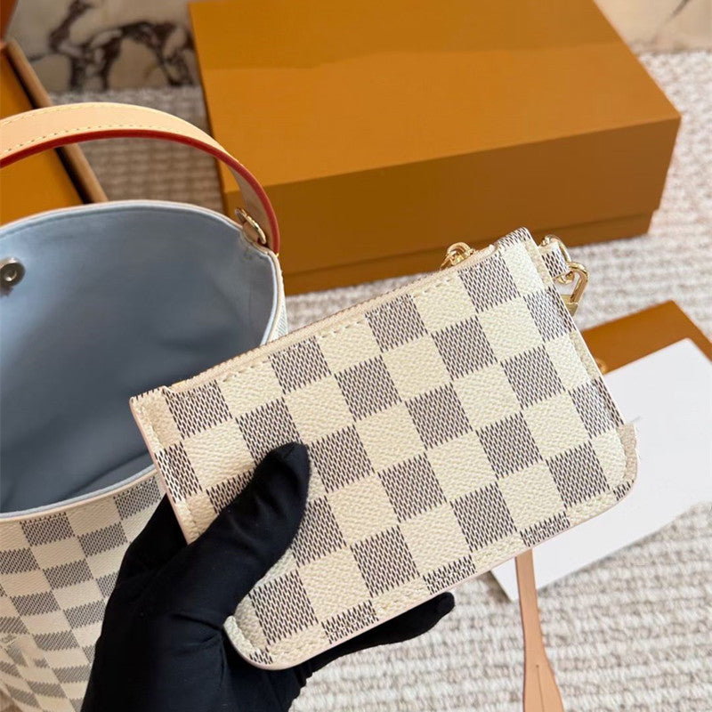Genuine Leather White Grid Bucket Bag for Women Large Capacity Shoulder Crossbody Handbag, Trendy Pattern Purse with Versatile Style