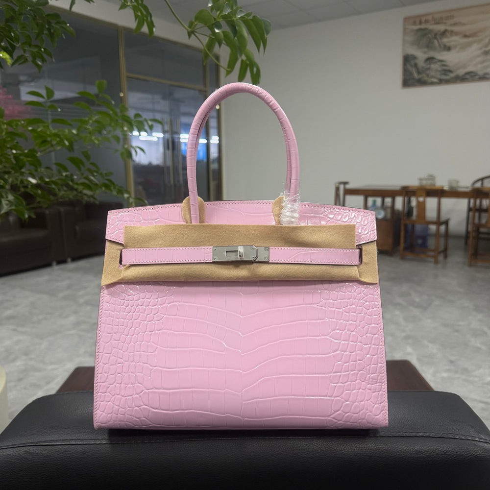 Genuine Top Layer Cowhide Crocodile-Embossed Birkin-Style 30 Bag for Women, External Stitching Hand-Stitched Waxed Thread with Steel Hardware, Burnished Edge Finish Handbag for Ladies